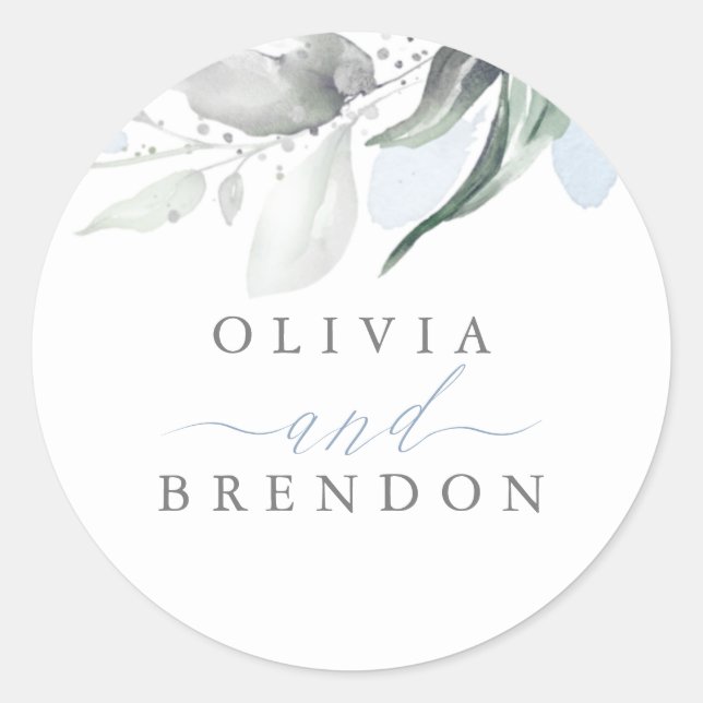 Dusty Blue Greenery Romantic Wedding Classic Round Sticker (Front)