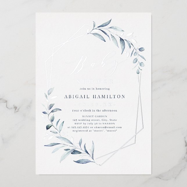 Dusty Blue Greenery Silver Rustic Baby Shower  (Front)