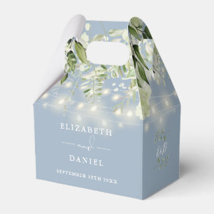 Dusty Blue Greenery String Lights Monogram Wedding Favor Box