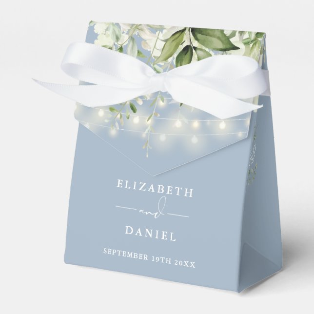 Dusty Blue Greenery String Lights Wedding Favor Box (Front Side)