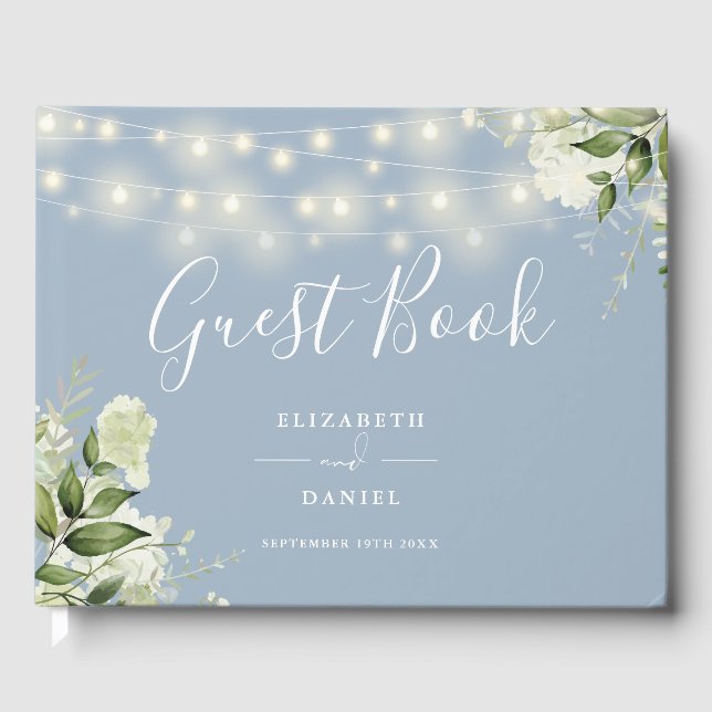 Dusty Blue Greenery String Lights Wedding Guest Book (Front)
