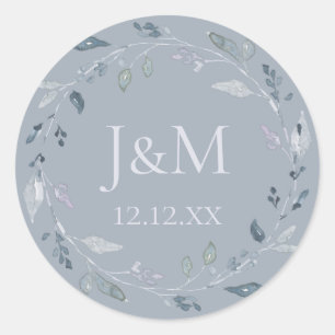 Dusty Blue Greenery Watercolor Classic Round Sticker