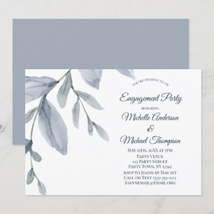 Dusty Blue Greenery Watercolor Engagement Party Invitation