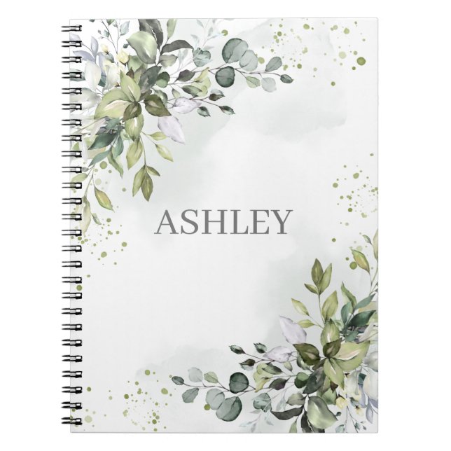 Dusty Blue Greenery Watercolor Personalized Name Notebook (Front)