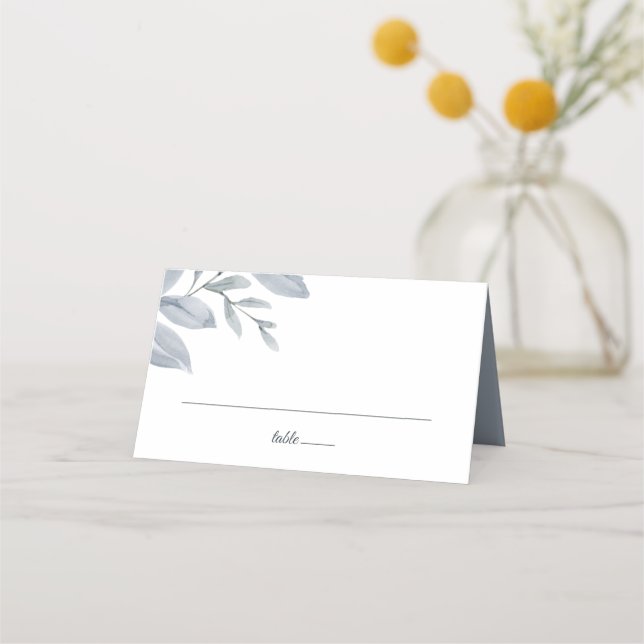 Dusty Blue Greenery Watercolor Place Card (Front)
