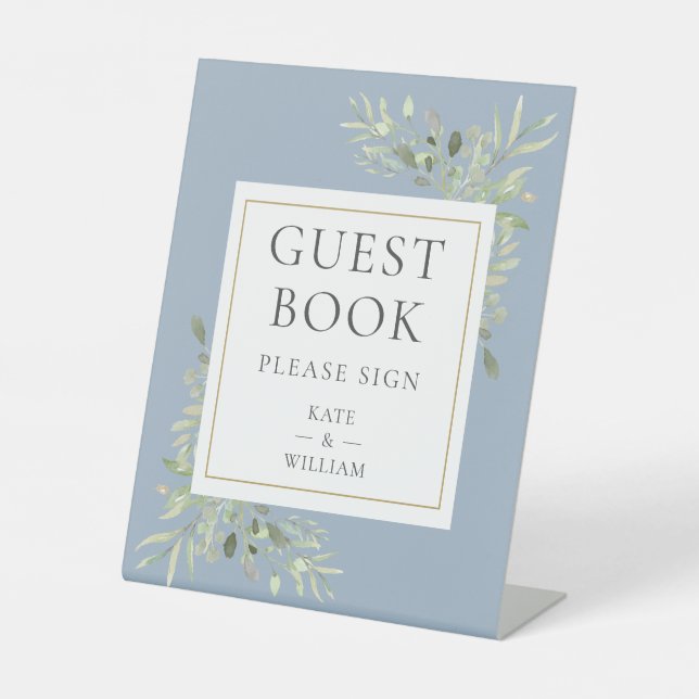 Dusty Blue Greenery Wedding Guest Book Pedestal Sign (Front)