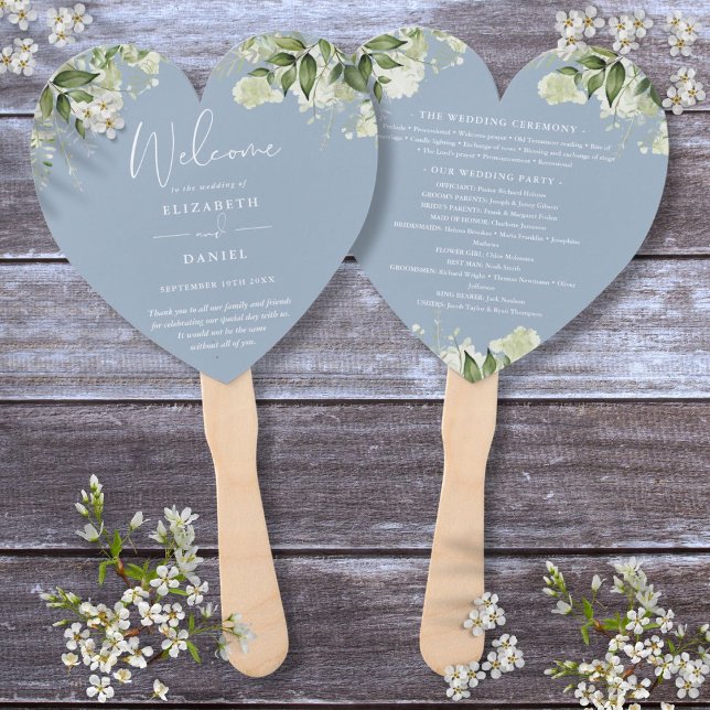 Dusty Blue Greenery Wedding Program Heart Hand Fan (Dusty Blue Greenery Wedding Program Heart Hand Fan)