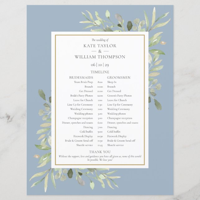 Dusty Blue Greenery Wedding Schedule Timeline (Front)