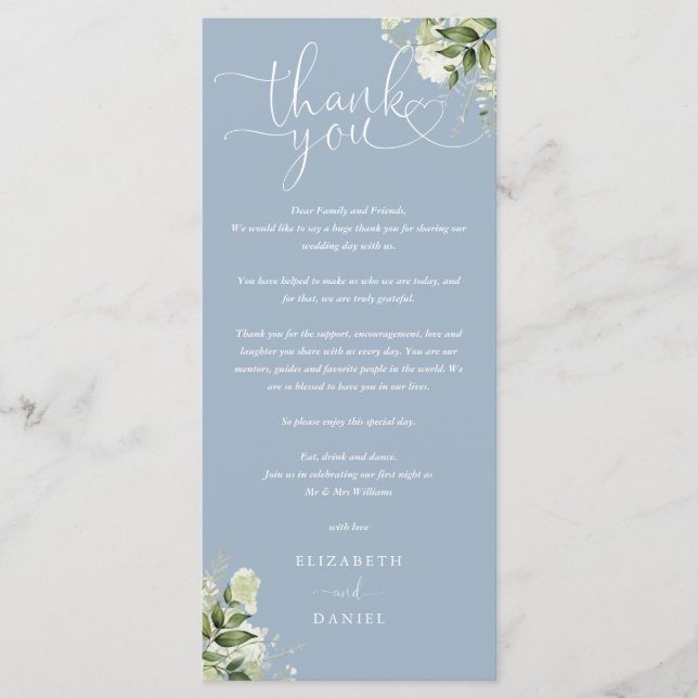 Dusty Blue Greenery Wedding Thank You Place Card (Front)