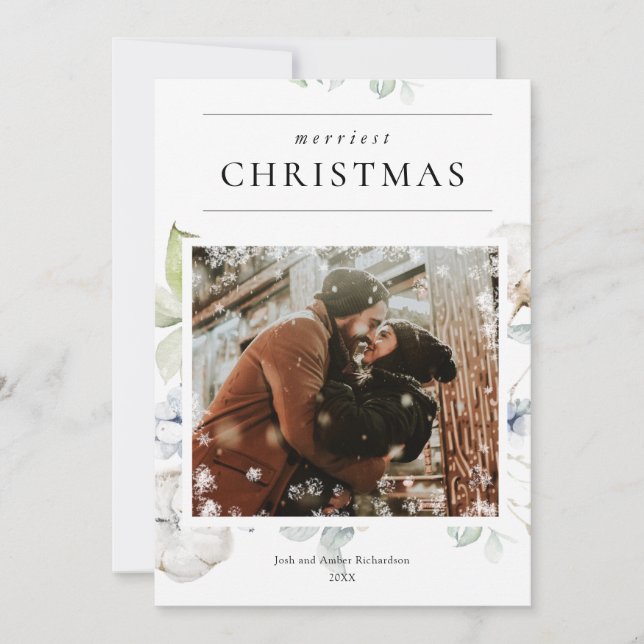 Dusty blue greenery winter snow Christmas photo (Front)