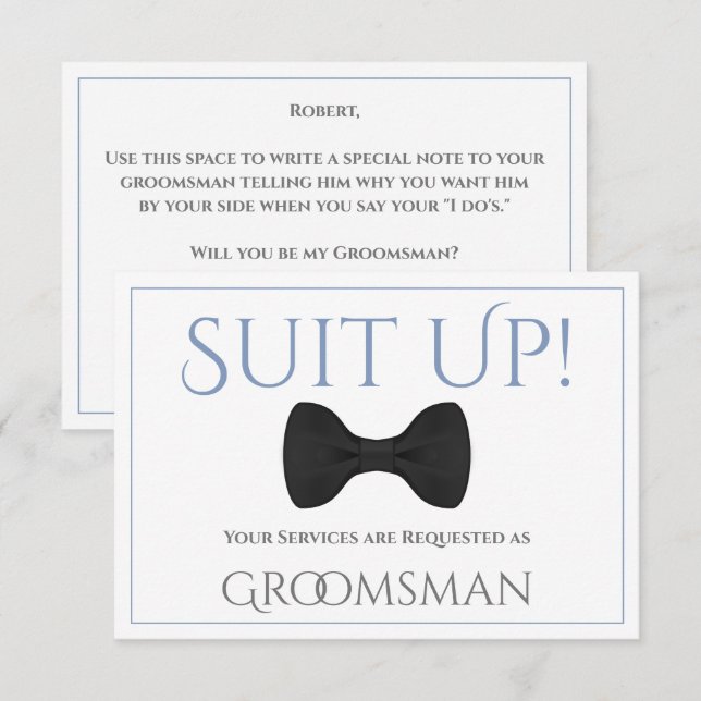 Dusty Blue & Grey Be My Groomsman Fun Bow Tie Card (Front/Back)