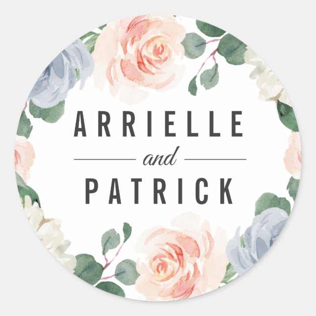 Dusty Blue Grey Blush Pink Peach Floral Wedding Classic Round Sticker (Front)