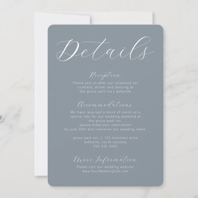 Dusty Blue Grey Calligraphy Script Enclosure Card (Front)