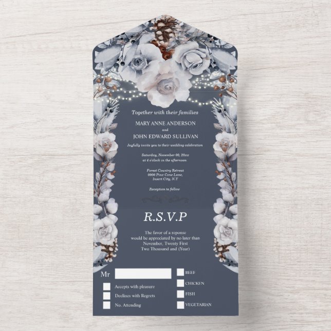 Dusty blue grey country rose string lights  all in all in one invitation (Inside)