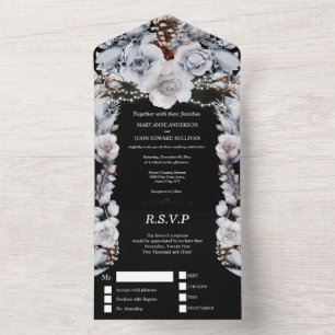 Dusty blue grey country rose string lights black all in one invitation
