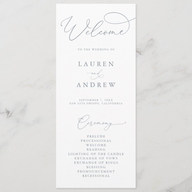 Dusty Blue Grey Elegant Minimalist Wedding Program (Front)