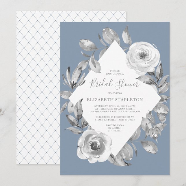 Dusty Blue Grey Floral Diamond Bridal Shower Invitation (Front/Back)