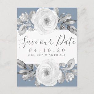 Dusty Blue Grey Floral Diamond Save the Date Announcement Postcard