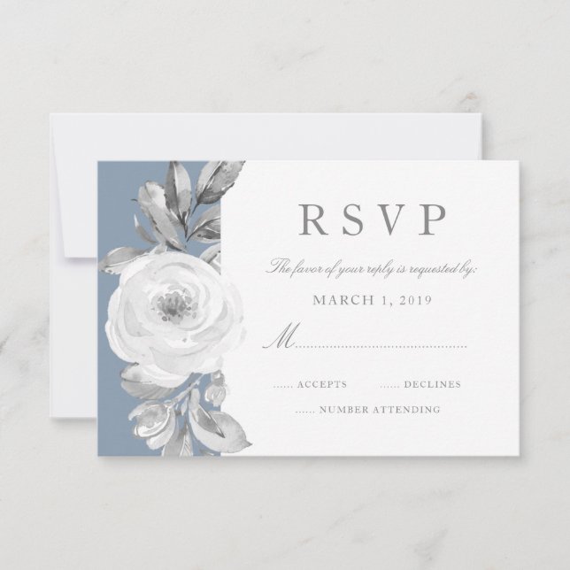 Dusty Blue Grey Floral Diamond Wedding RSVP (Devant)