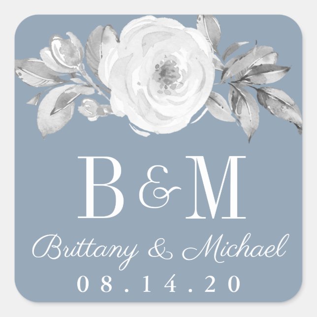 Dusty Blue Grey Floral Diamond Wedding Stickers (Front)