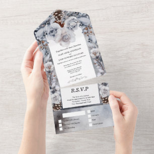 Dusty blue grey floral rose pine cone winter all i in one invitation