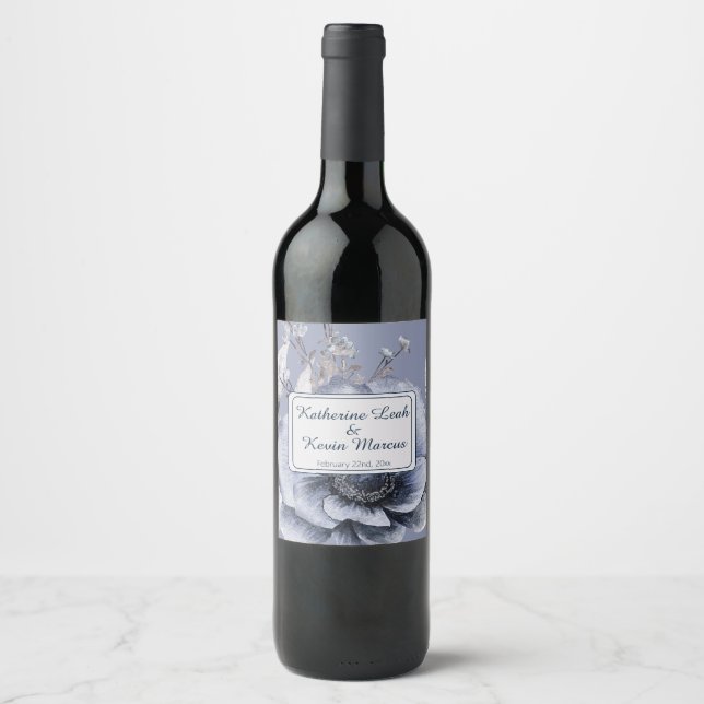  Dusty Blue Grey Floral Wedding Wine Label (Front)