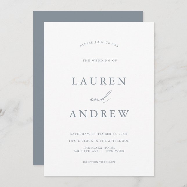 Dusty Blue Grey Formal Minimalist Wedding Invitation (Front/Back)