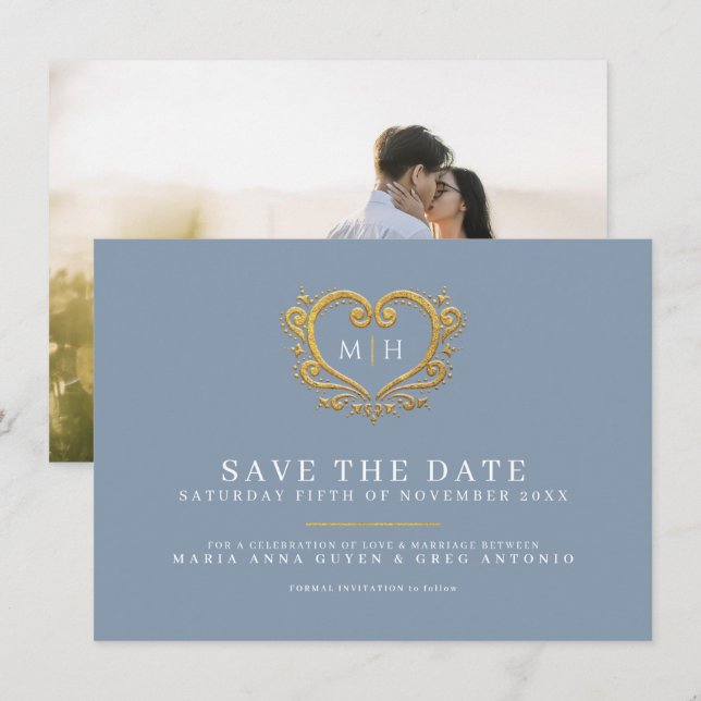 Dusty blue grey gold heart photo wedding save the date (Front/Back)