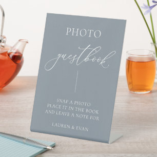 Dusty Blue Grey Minimalist Photo Guestbook Pedestal Sign