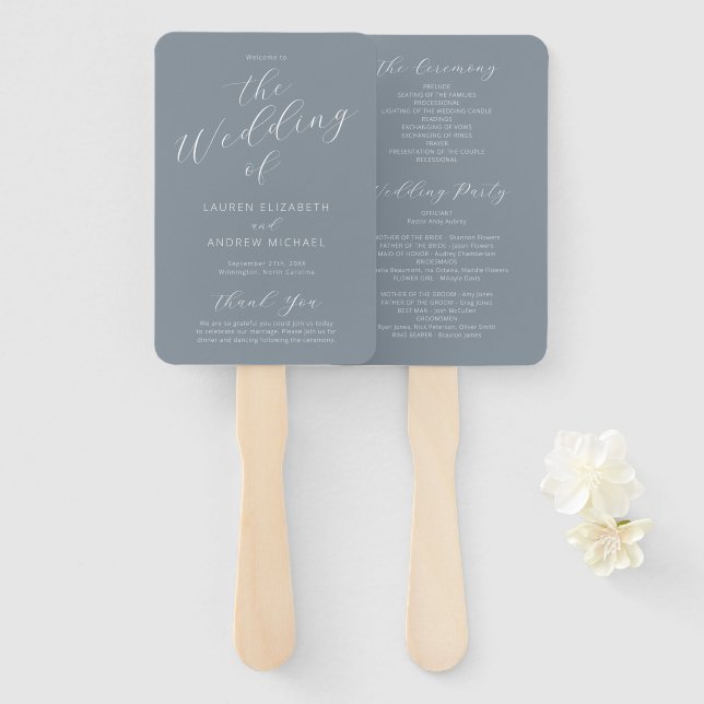 Dusty Blue Grey Modern Calligraphy Wedding Program Hand Fan (Front and Back)
