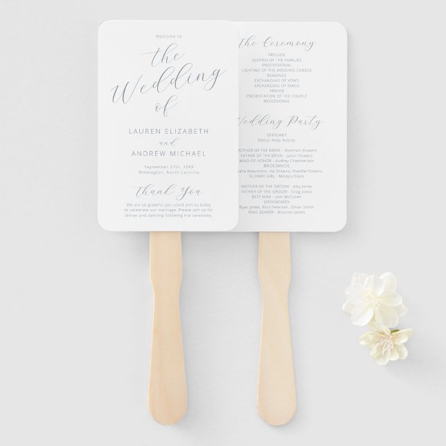 Dusty Blue Grey Modern Calligraphy Wedding Program Hand Fan (Front and Back)
