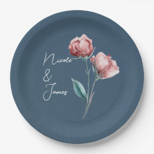 Dusty Blue Grey Modern Watercolor Floral Wedding Paper Plate