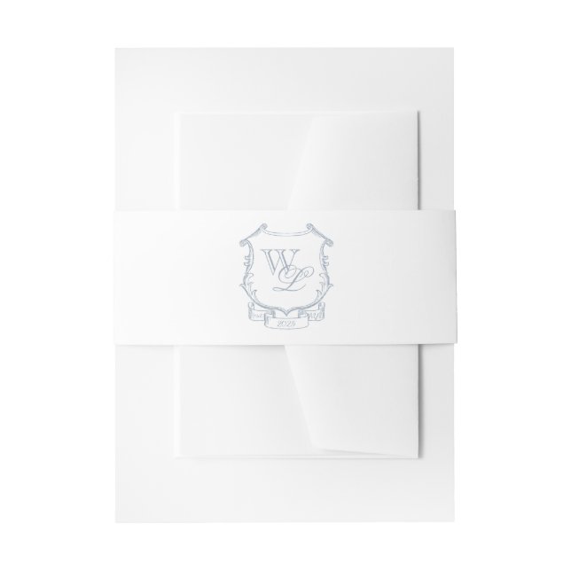 Dusty Blue Grey Monogram Crest Invitation Belly Band (Front Example)