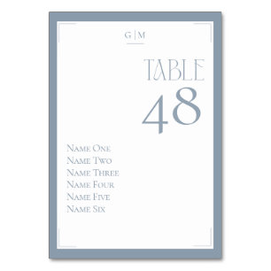 Dusty Blue Grey Monogram Guest Names Modern Table Number