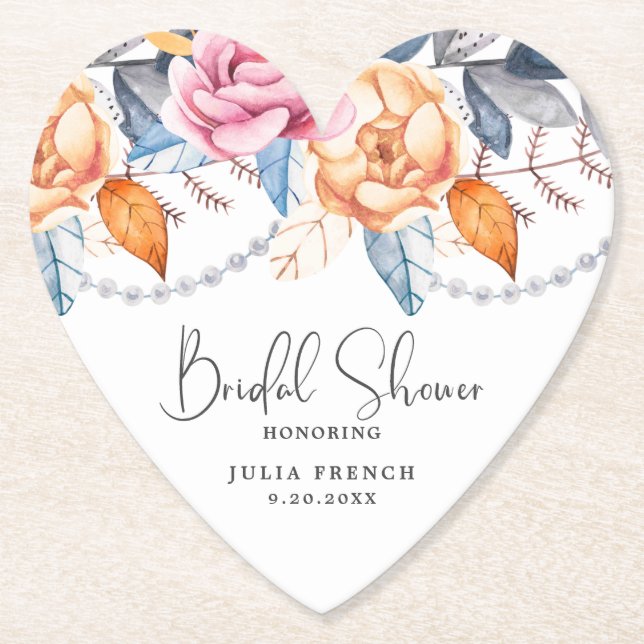 Dusty Blue Grey Orange Floral Bridal Shower Heart Paper Coaster (Front)