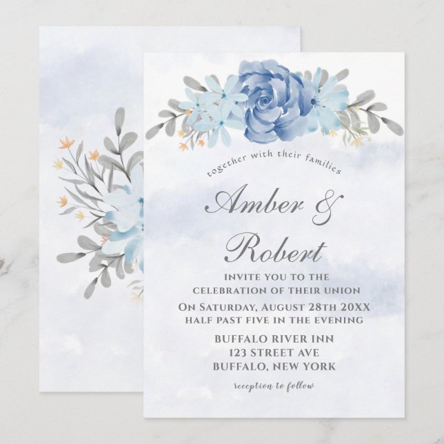 Dusty Blue Grey Painted Peony Wedding Invitations (Front/Back)