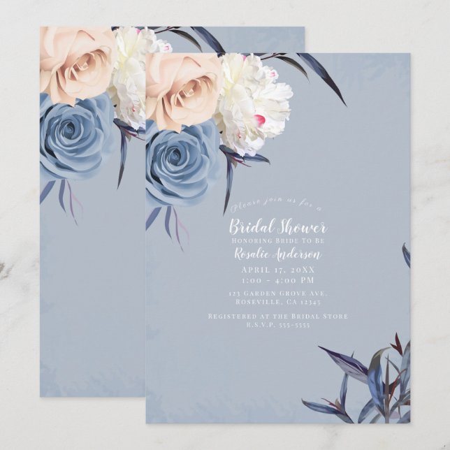 Dusty Blue Grey & Peach Floral Bridal Shower Invitation (Front/Back)