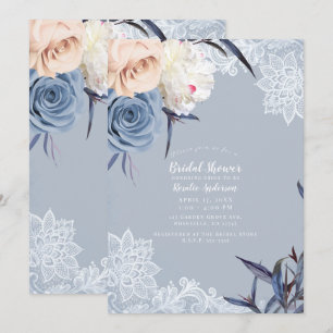 Dusty Blue Grey & Peach Floral Lace Bridal Shower Invitation