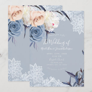 Dusty Blue Grey & Peach Floral Lace Wedding Invitation