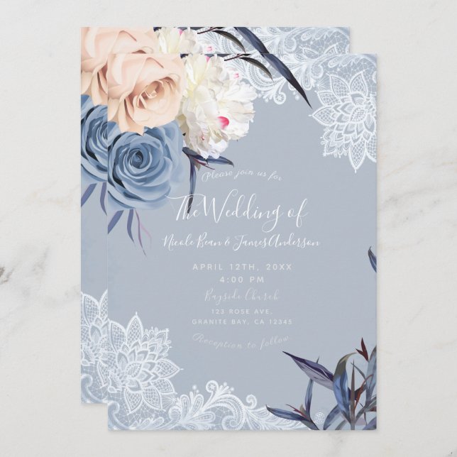 Dusty Blue Grey & Peach Floral Lace Wedding Invitation (Front/Back)