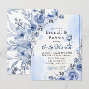 Dusty Blue Grey Peony Brunch & Bubbly Invitation