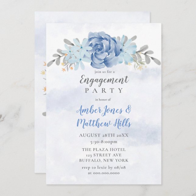 Dusty Blue Grey Peony Engagement Party Invitation (Front/Back)