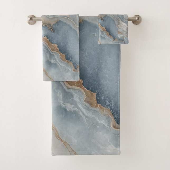 Dusty Blue Grey Tan Beige Abstract Bath Towel Set (Insitu)