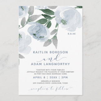 Dusty Blue Grey Watercolor Floral Wedding Invitation