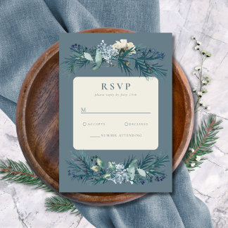Dusty Blue Grey Winter Floral Wedding RSVP Card