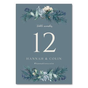 Dusty Blue Grey Winter Floral Wedding Table Number