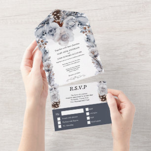 Dusty blue grey winter ice rose pine cone wedding all in one invitation