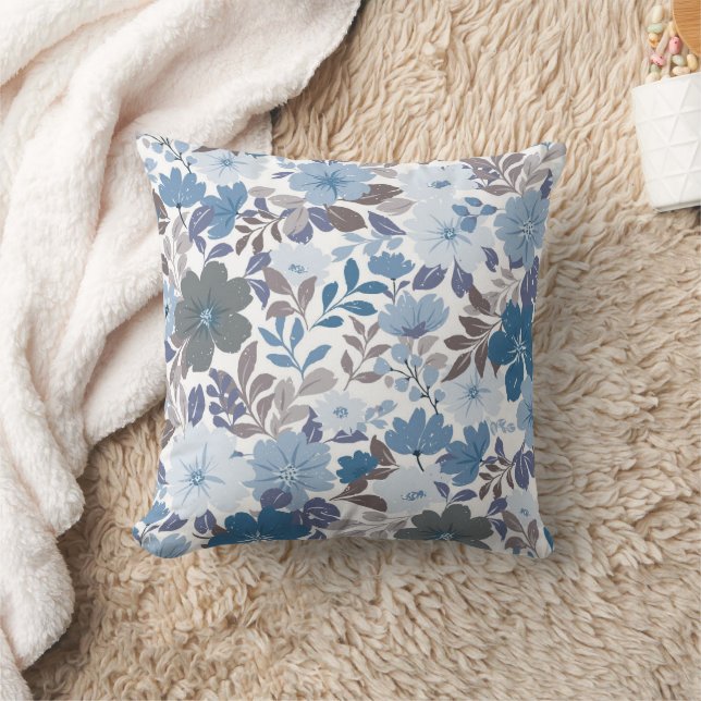 Dusty Blue & Grey Winter Sky Floral Garden Throw Pillow (Blanket)