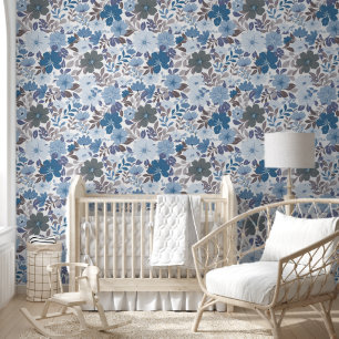 Dusty Blue & Grey Winter Sky Floral Garden Wallpaper
