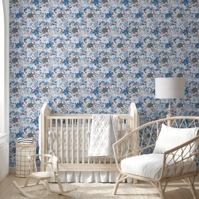 Dusty Blue & Grey Winter Sky Floral Garden Wallpaper (Kids)